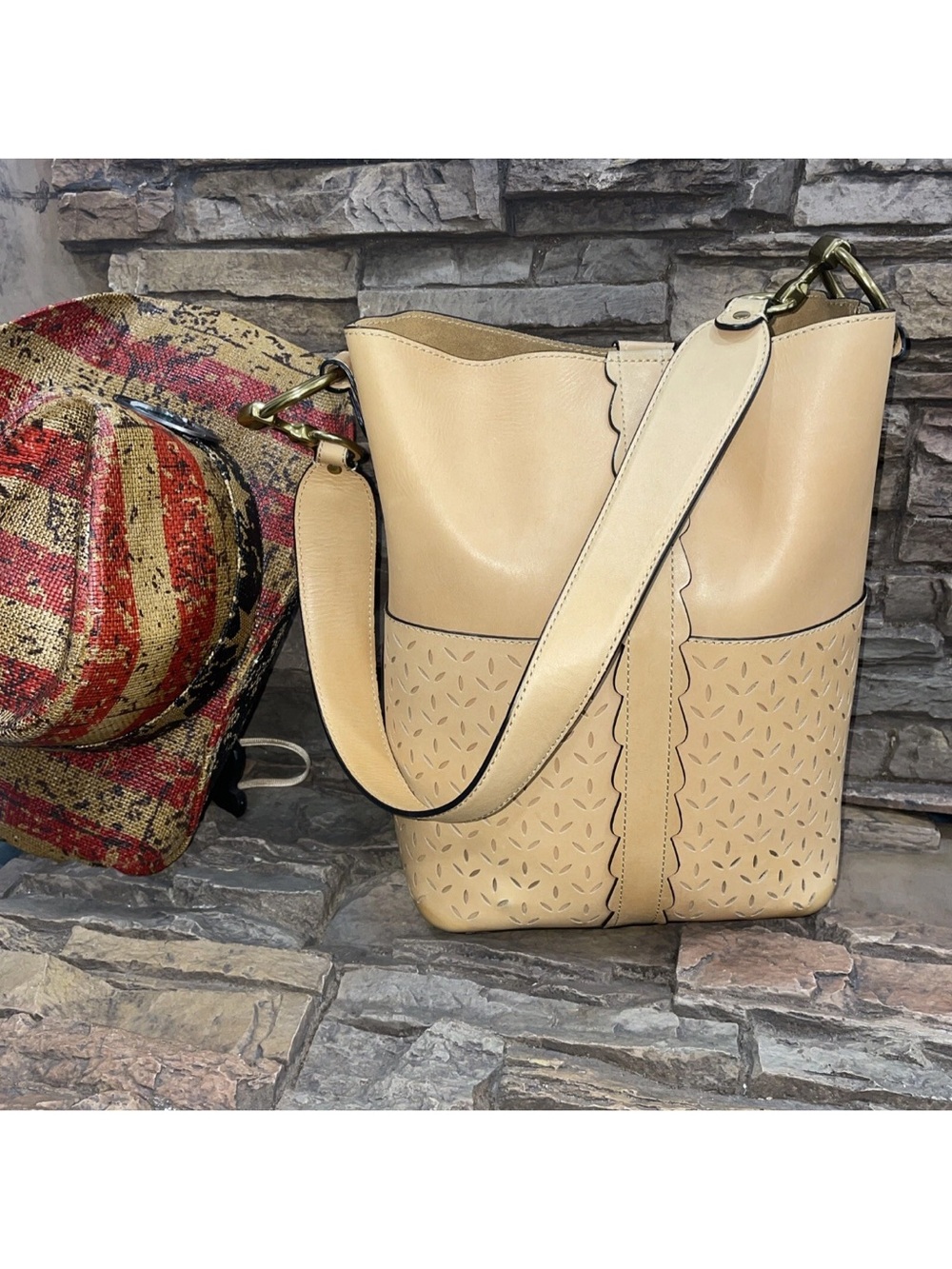 Frye Beige Laser-Cut Shoulder Bag with Scalloped Trim